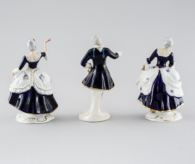 Three porcelian figurines partly from Royal Dux, mid 20th century.