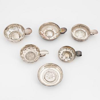 Six silver tastevin/wine tasting cups, including Gustave Keller, Paris, France, 19th/20th century.