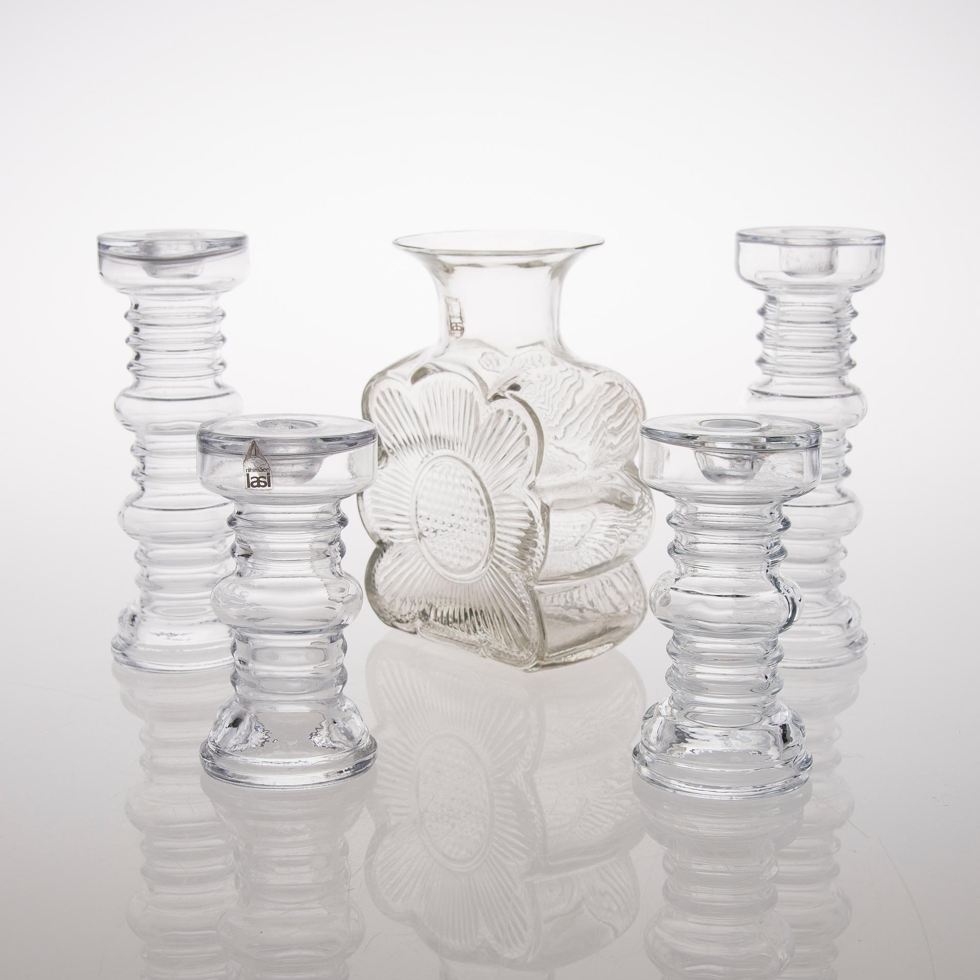 A vas and four candle holders/ vases in glass from Riihimäen Lasi, Finland 1970s.