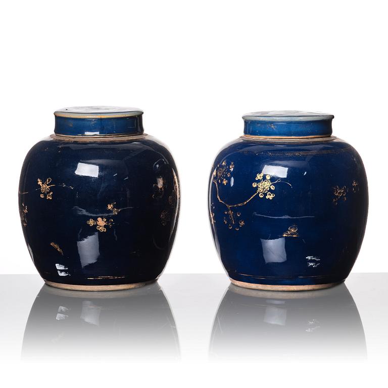 A pair of blue glazed Chinese jars with covers, Qing dynasty, Qianlong (1736-95).