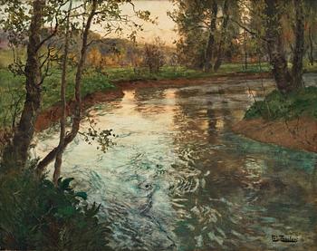 584. Frits Thaulow, Evening light over the river Arques by Ancourt, landscape from Normandy.