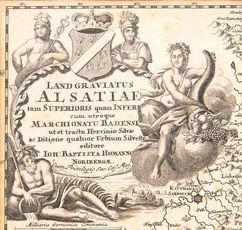 Johann Batista Homann, map of Alsace & Baden, hand colored copper engraving, Nürnberg 1716.