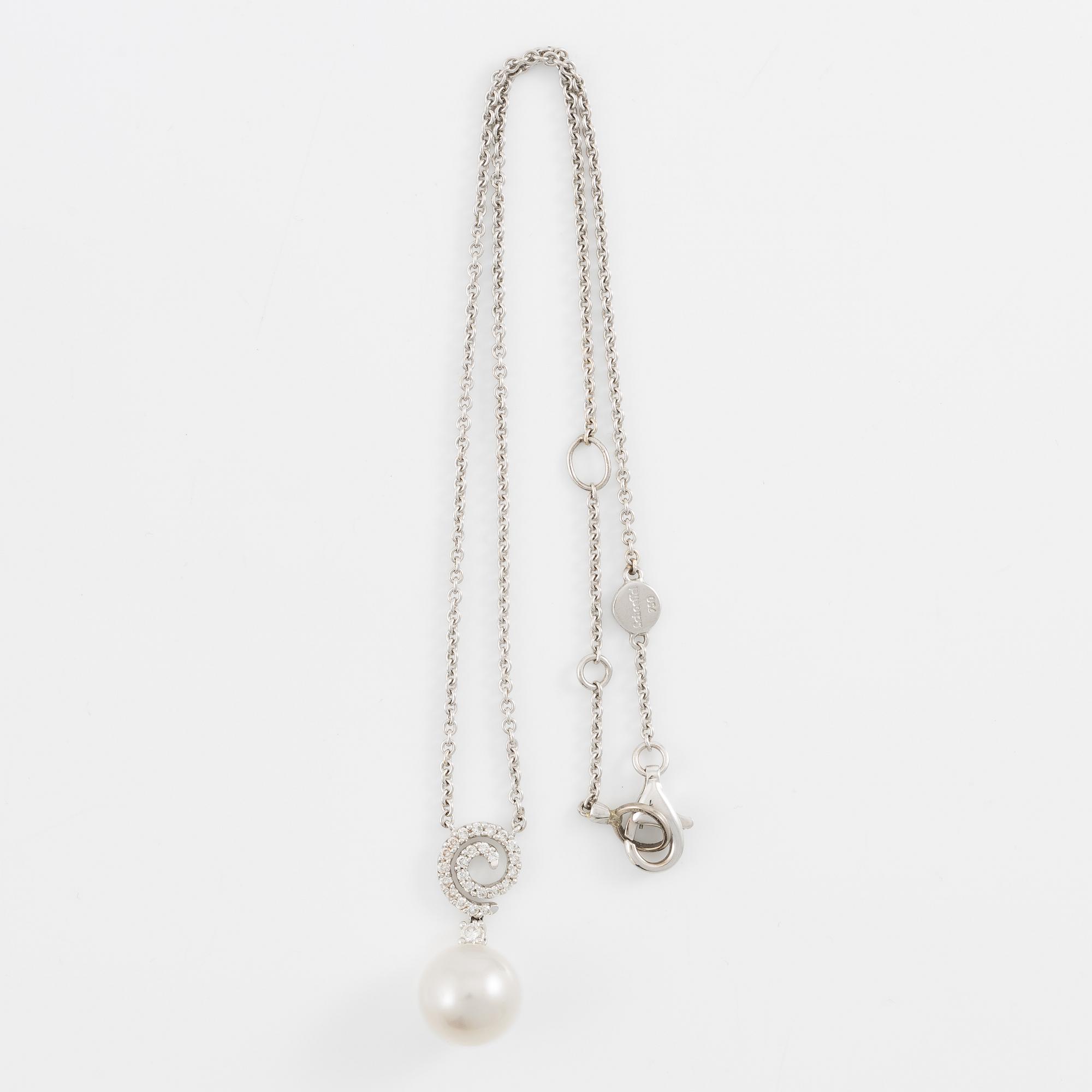 Necklace, 18K white gold with a pearl and brilliant-cut diamonds.