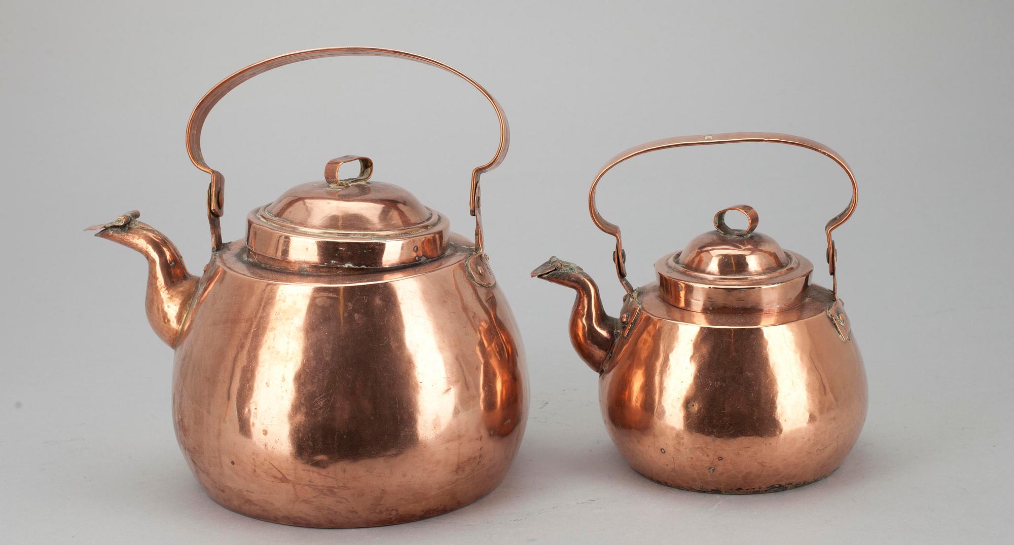 KANNOR, 6 st samt KASTRULLER 3 st, koppar, 1800-1900-tal.