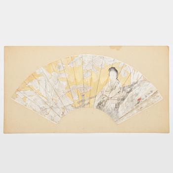 Unidentified artist, so-called "Fan painting", Elegant lady in a garden with banana trees, China, 20th century.