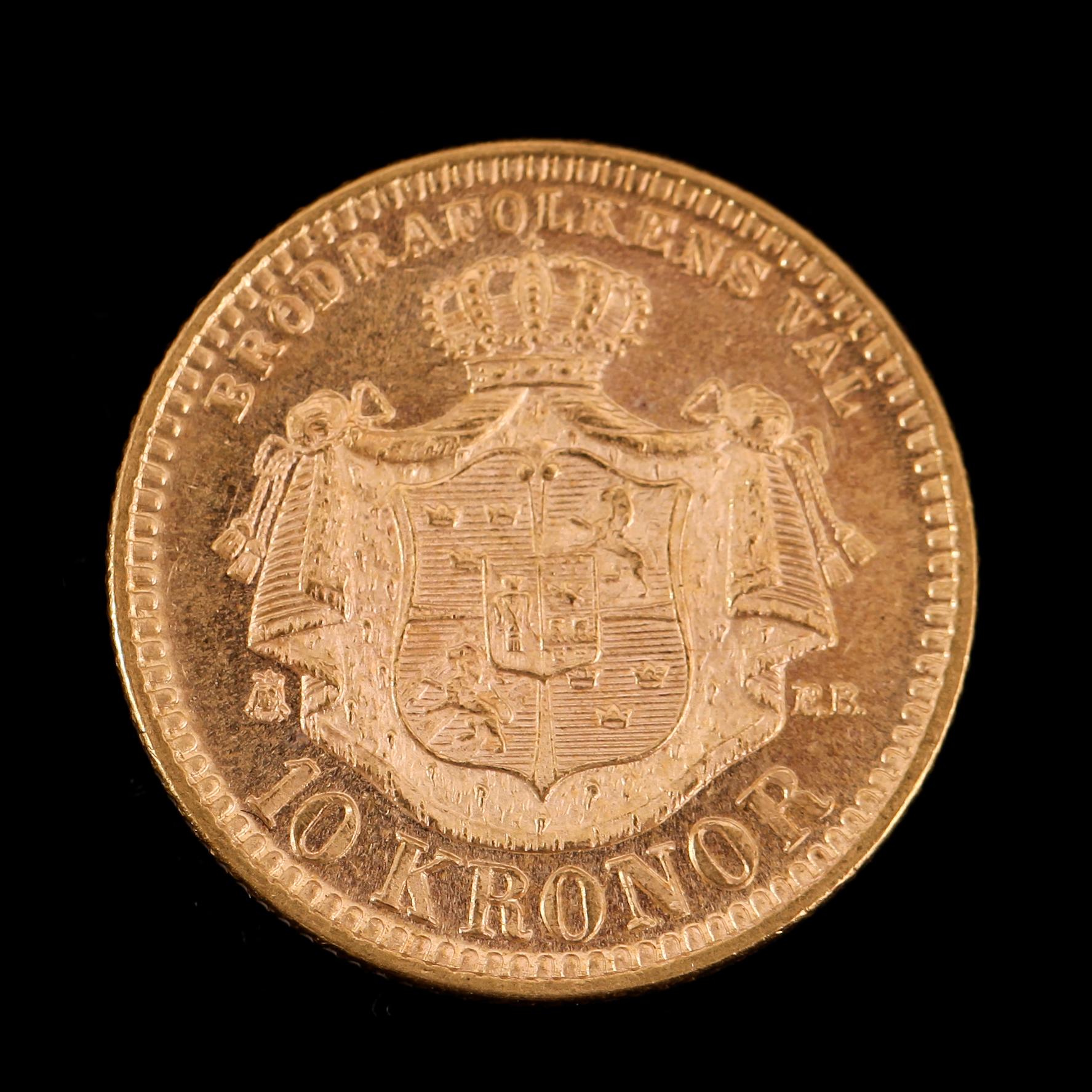 GULDMYNT, 10 kronor, Oscar II, 1894.  Vikt ca 5 gram.