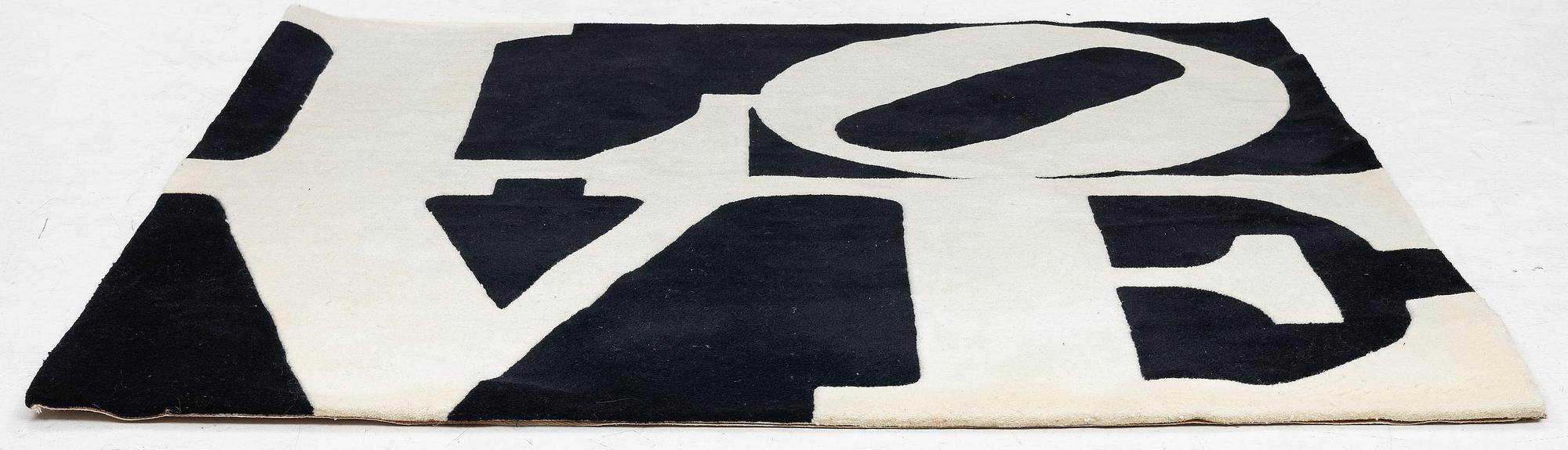 Robert Indiana, a carpet, 'White on Black', Chosen Love, hand tufted, ca 181 x 181 cm.