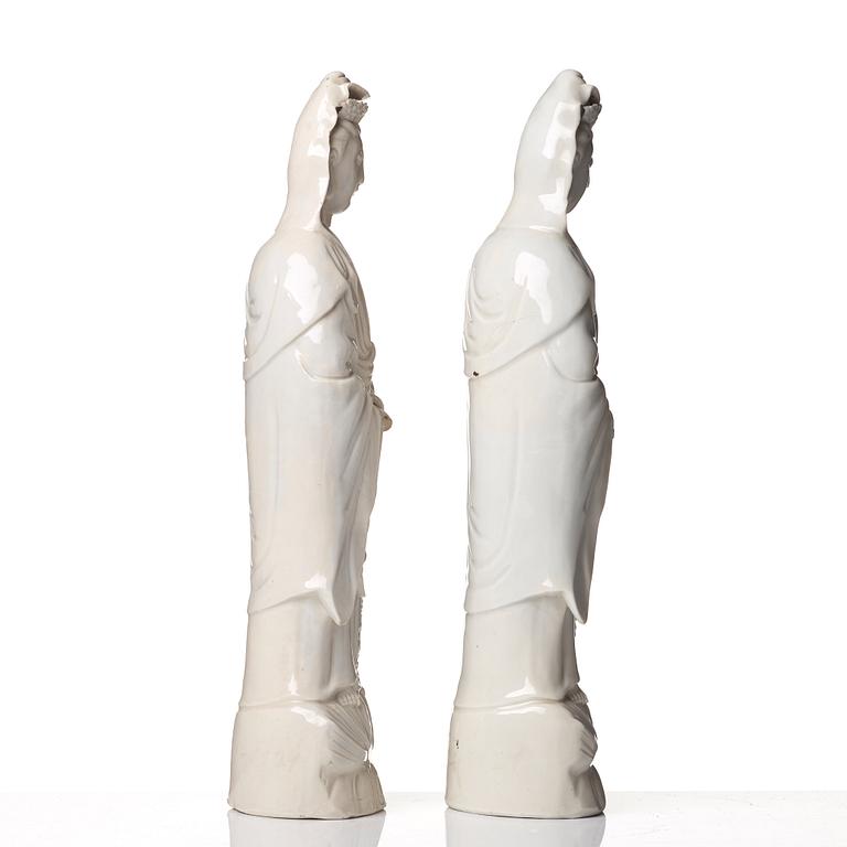 A pair of blanc de chine figures of Guanyin, 18th Century.