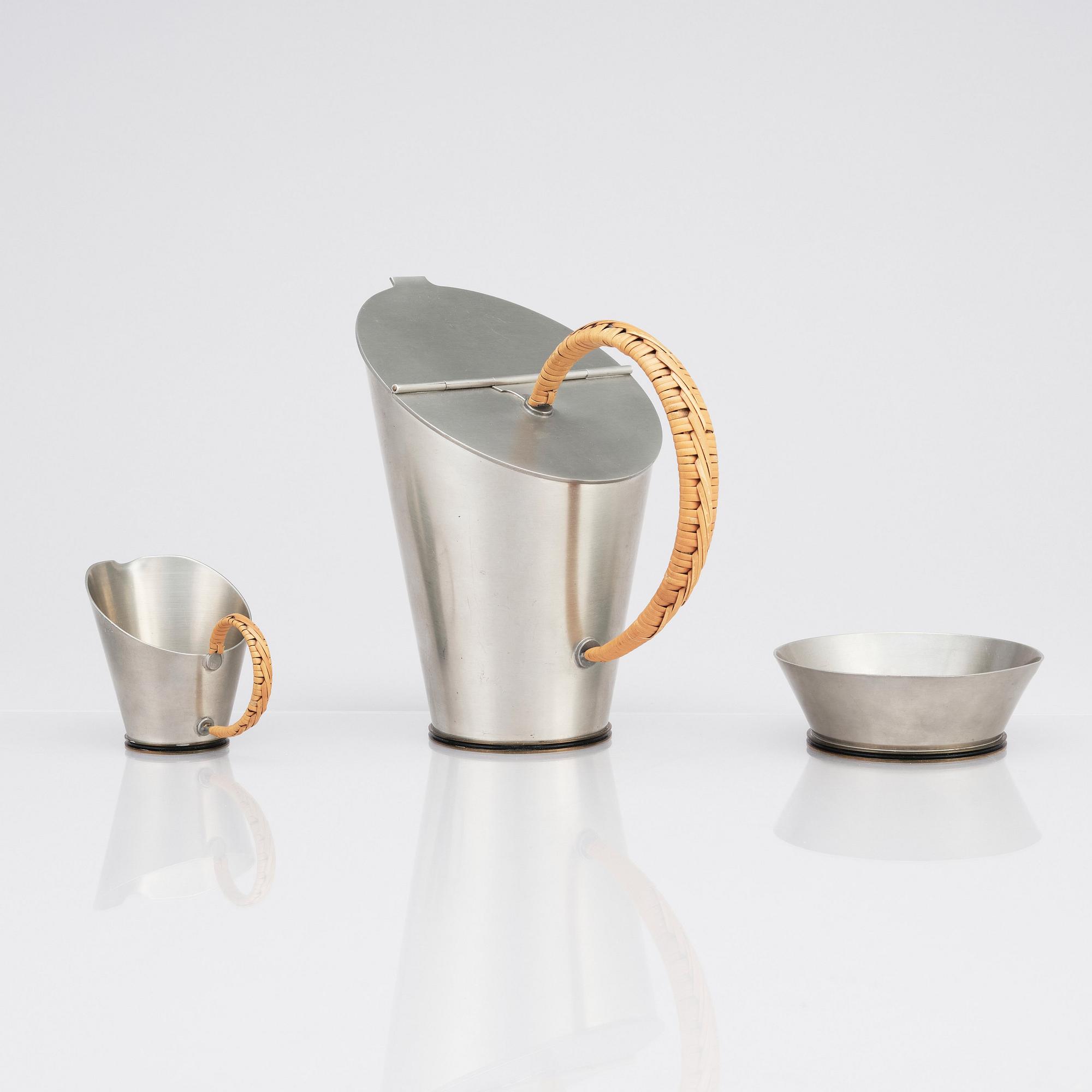 Ulla Fogelklou-Skogh, kaffeservis, 3+1 delar, tenn och mässing, Ystad Tenn, 1930-tal.