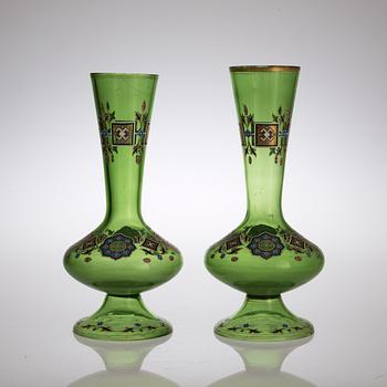 A pair of Russian green glass vases, presumably the Imperial Glass Manufactory, St Petersburg, 19th Century.