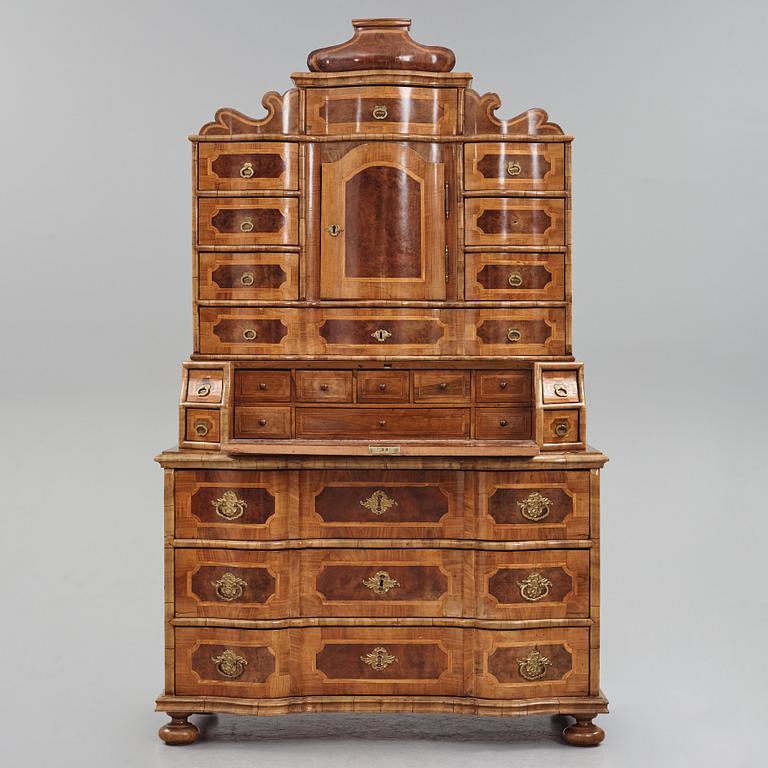 A South German late Baroque walnut and burr-walnut writing cabinet, first part of the 18th century.