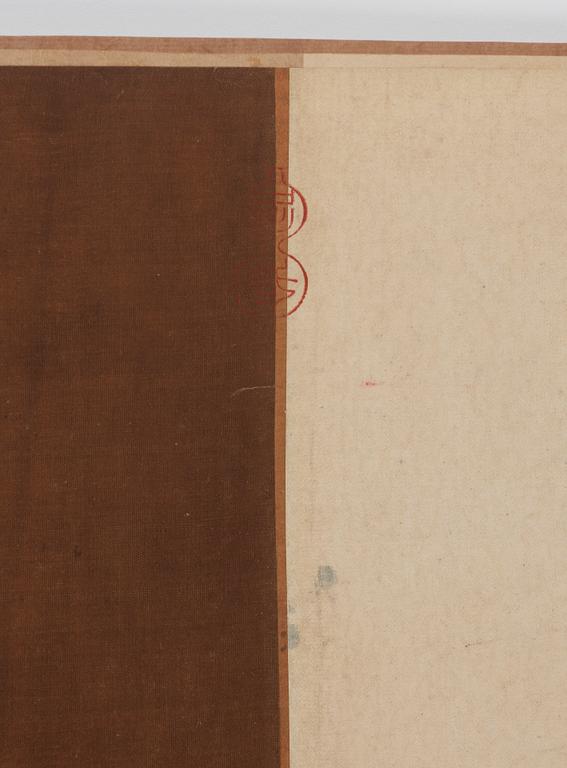 RULLMÅLNING med KALLIGRAFI, i Lin Chuns art (aktiv ca 1174-1189), Qing dynastin, 1700-tal.