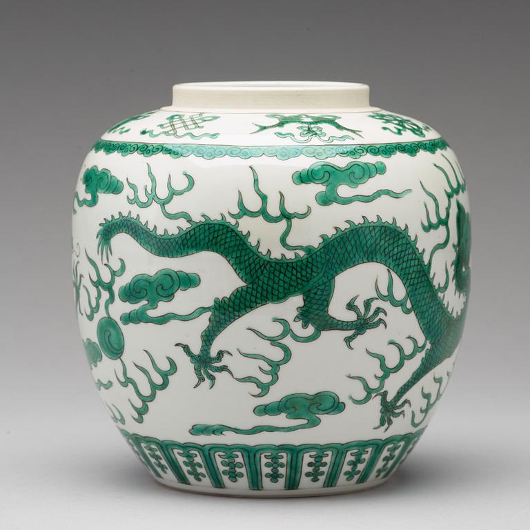 A green enamelled dragon jar, China, circa 1900.