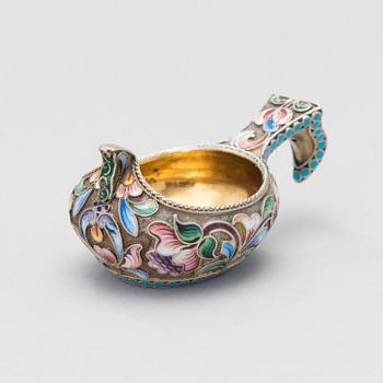 A RUSSIAN ENAMEL KOVSH, silver, Moscow 1908-17, Maria Semenova.