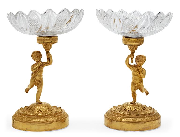 A pair of Empire early 19th century gilt bronze and glas centre pieces, possibly Russian.