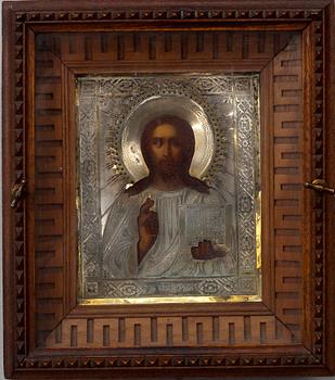 IKON, förgylld silverrisa, Ryssland, St. Petersburg ca. 1900.
