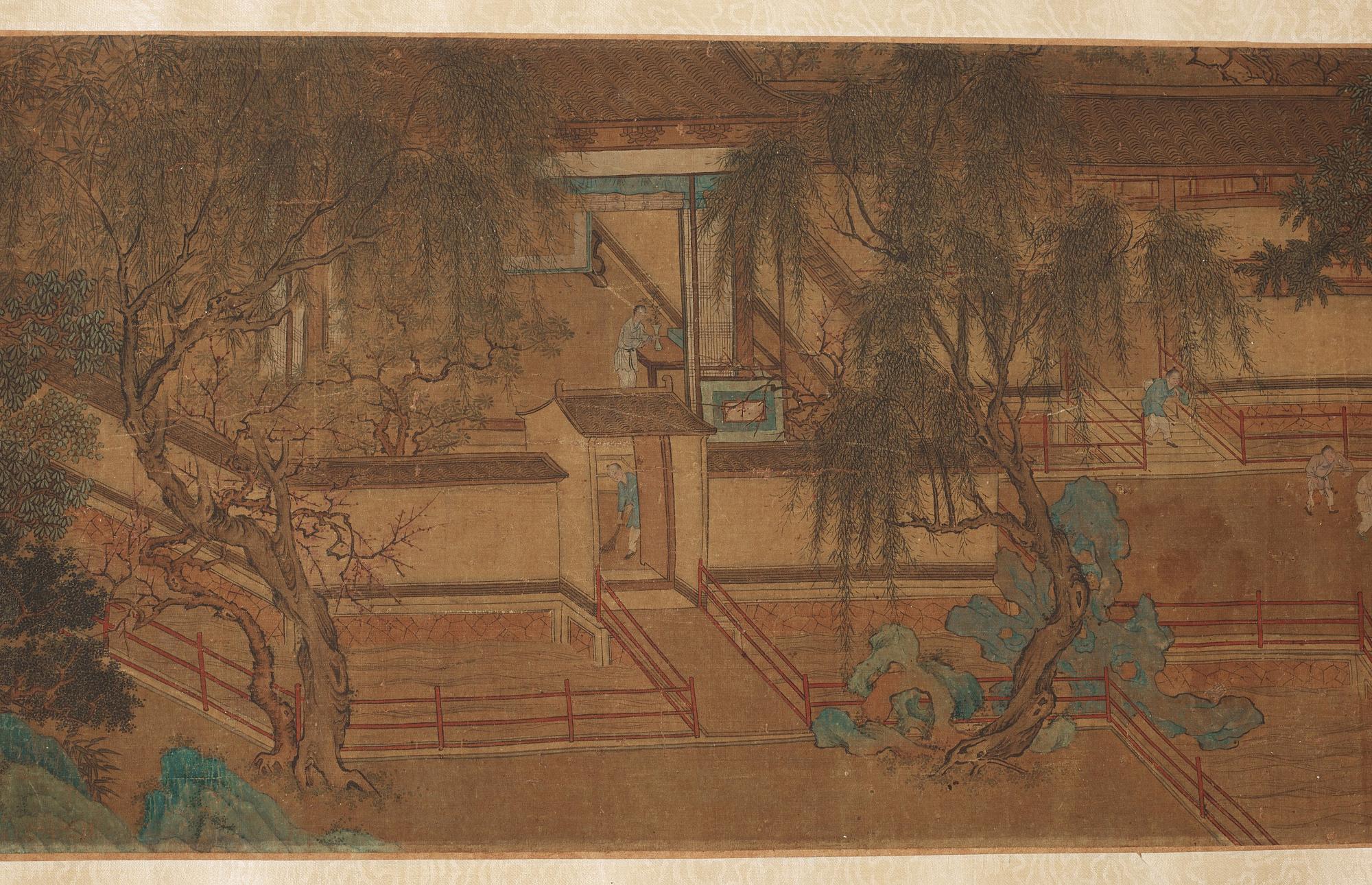 RULLMÅLNING, okänd konstnär i Qiu Yings stil (c 1494-1551), Qingdynastin, troligen 1800-tal.