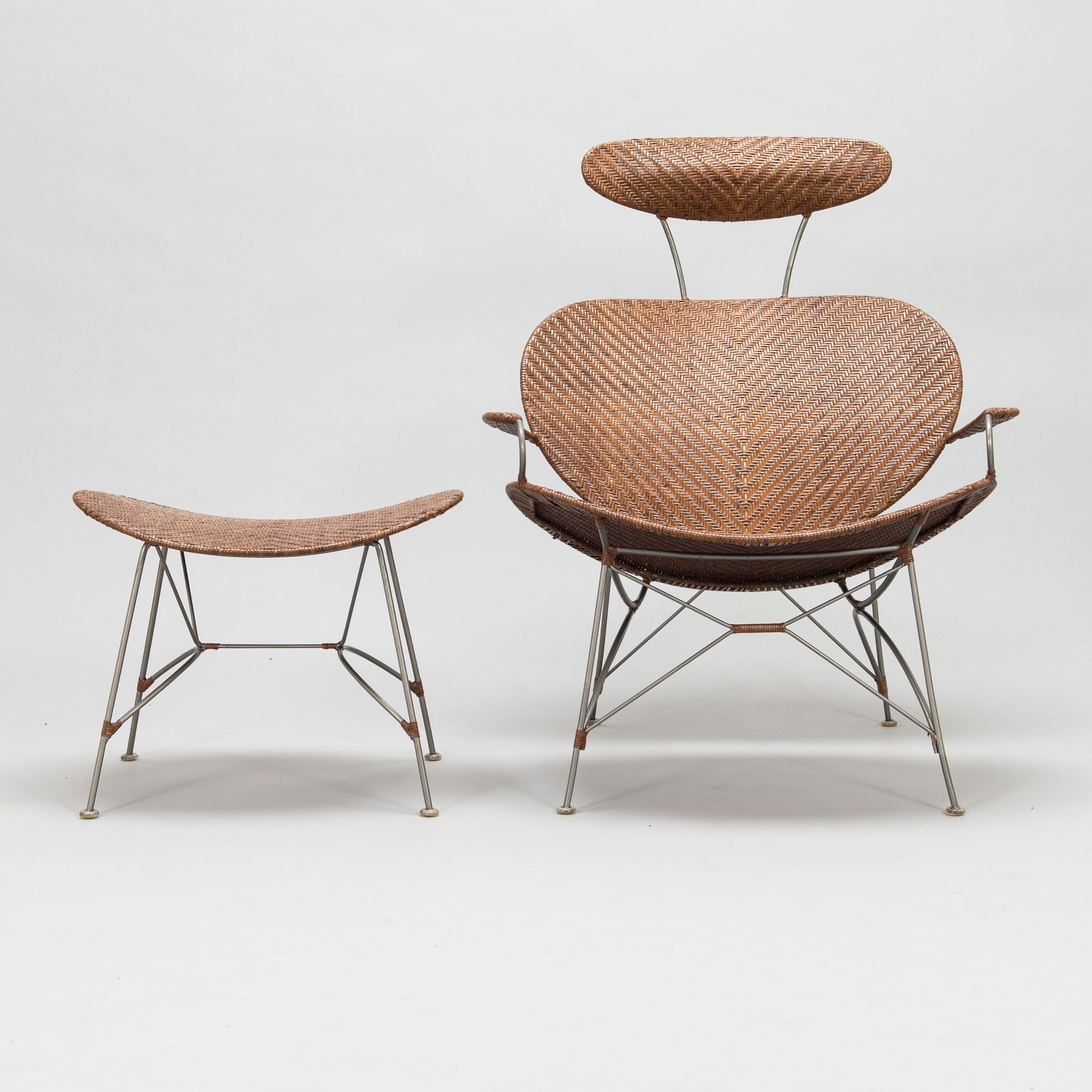 Lounge chair and foot stool, Yamakawa Rattan, Japan, late 20th century.