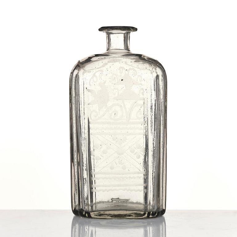 Flaska, glas. Troligen Skånska glasbruket, 1700-tal.