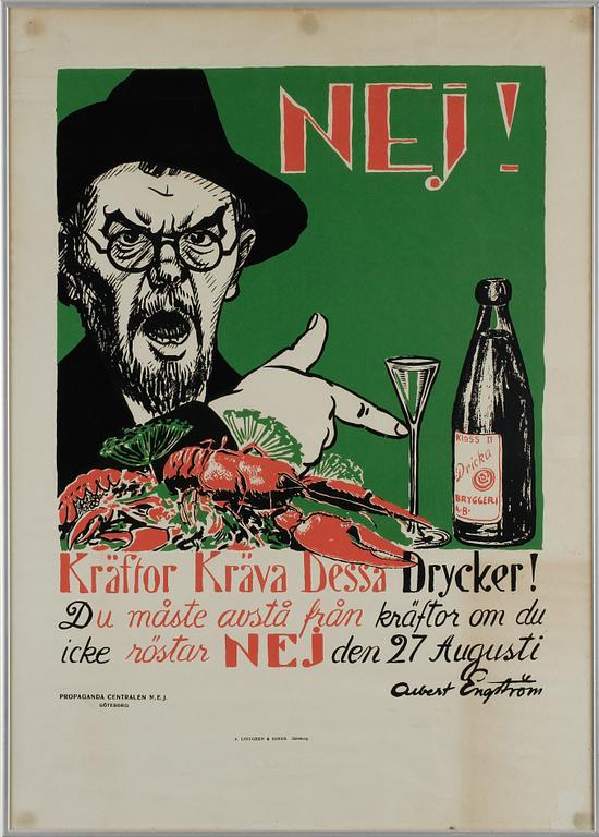 ALBERT ENGSTRÖM, efter, affisch, Propagande centralen N.E.J, A. Lindgren & Söner, Göteborg, omkring 1900-talets mitt.