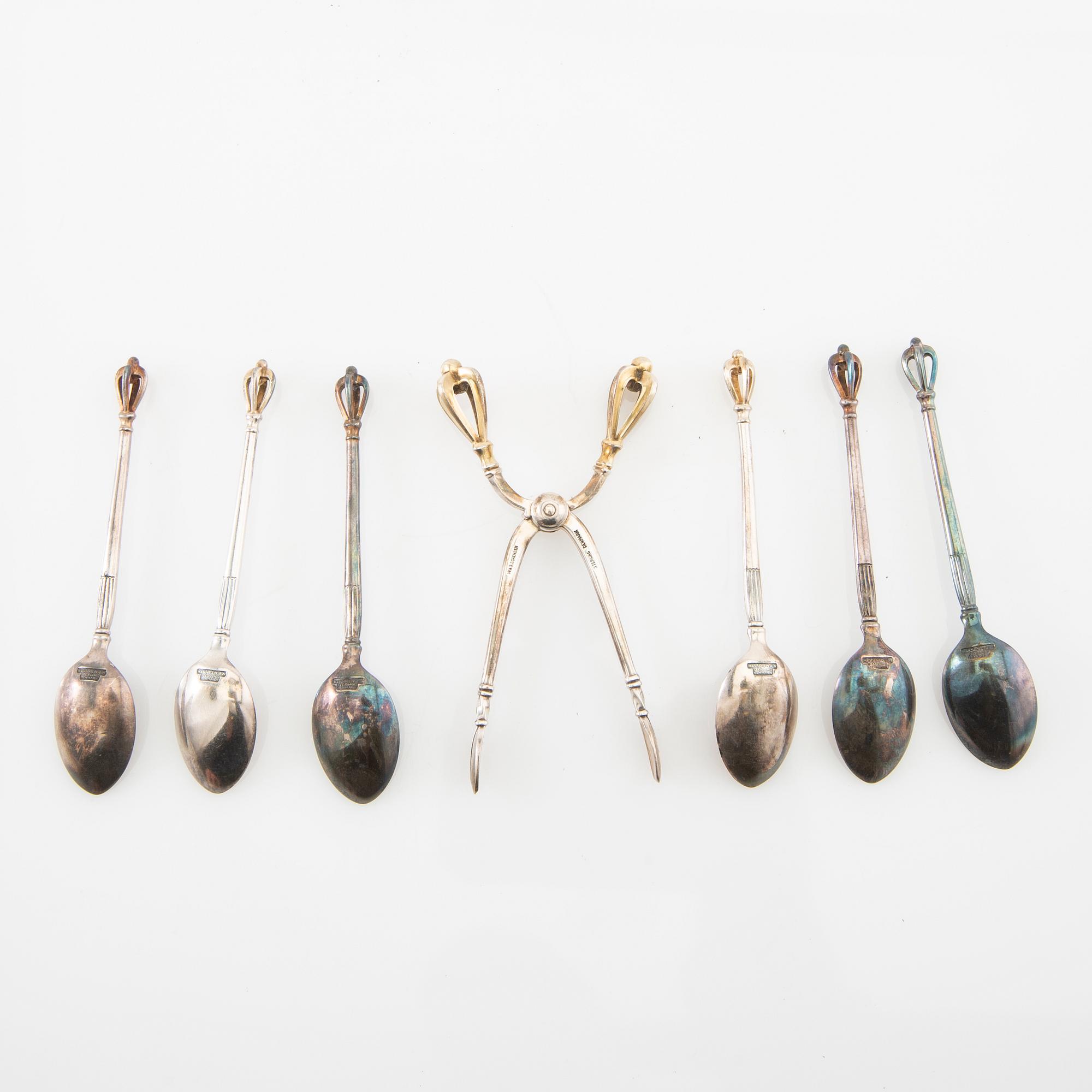 W&S Sorensen spoons 6 pcs and sugar tongs "Crown" sterling silver Denmark mid/second half of the 20th century.