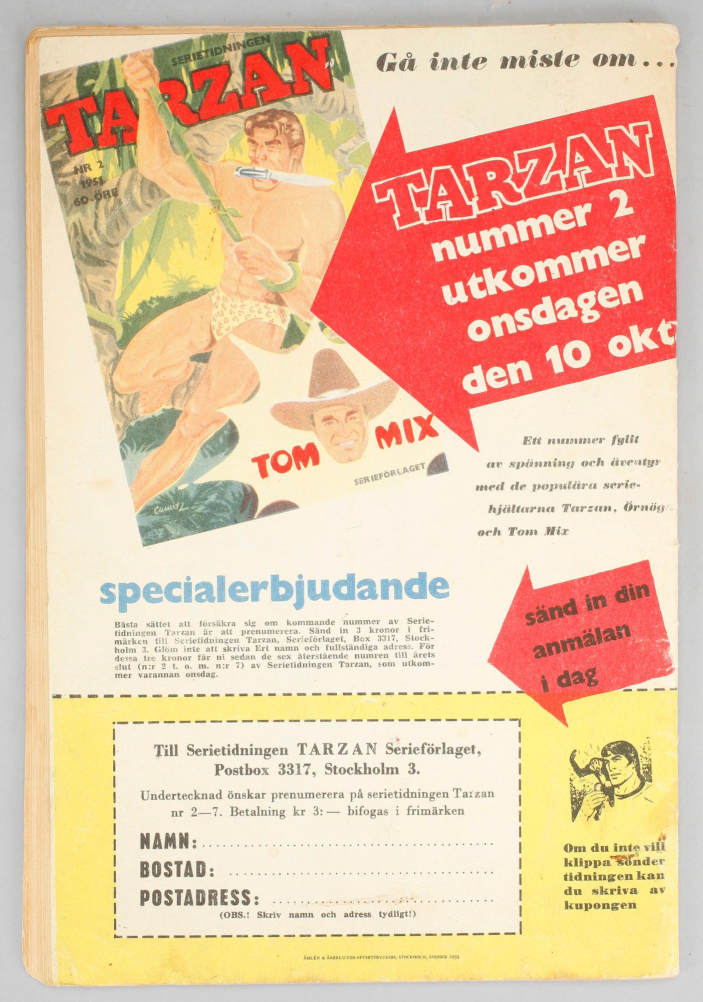 SERIETIDNINGAR, Tarzan nr 1,5,6, 1951.