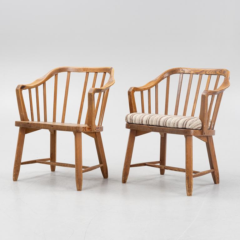 A pair of 'Hytte' pinewood armchairs, Nordiska Kompaniet, Sweden, 1940's.