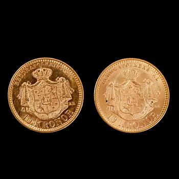GULDMYNT, 2 st, 10 kronor, Oscar II, 1901.  Vikt ca 9 gram.