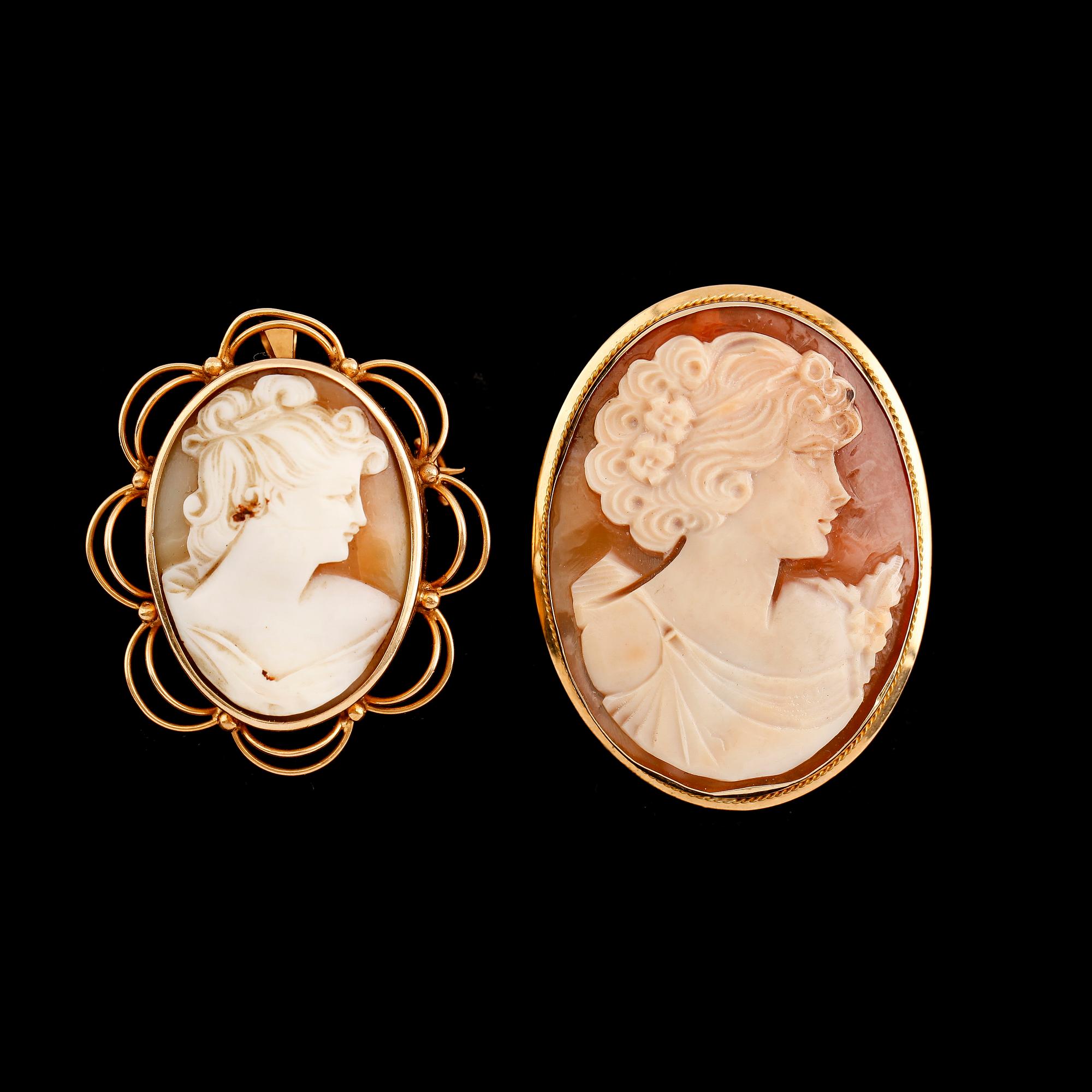 BROSCHER/HÄNGEN, 2 st, 18 k guld, kaméer, 1900-talets mitt.