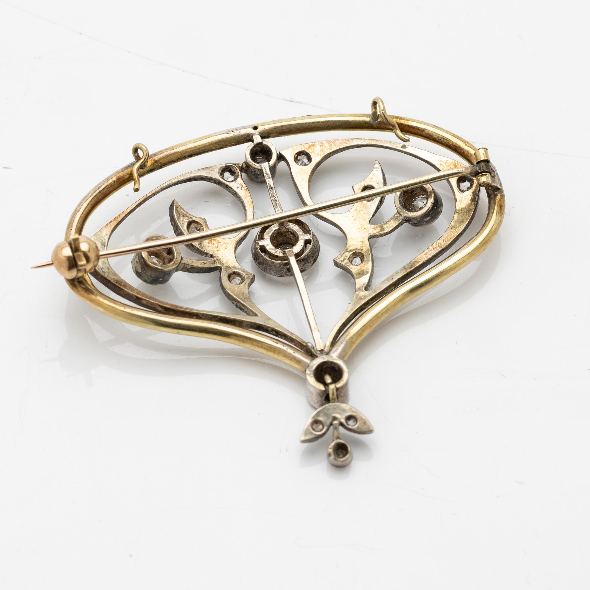 Hänge/Brosch 18K guld, silver och diamanter, jugend.