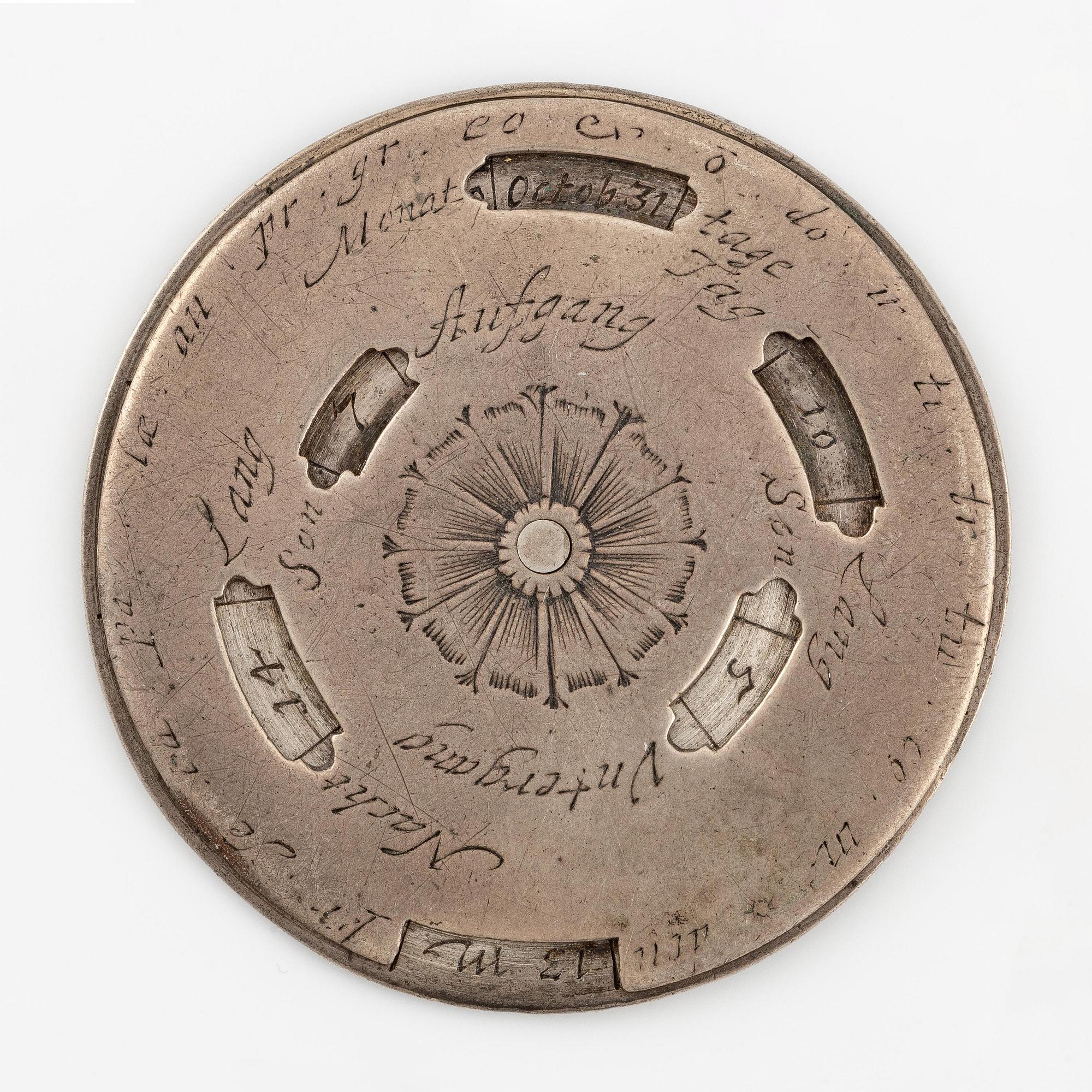 Evighetskalender, silver. Tidigt 1700-tal, troligen Augsburg. Barock.