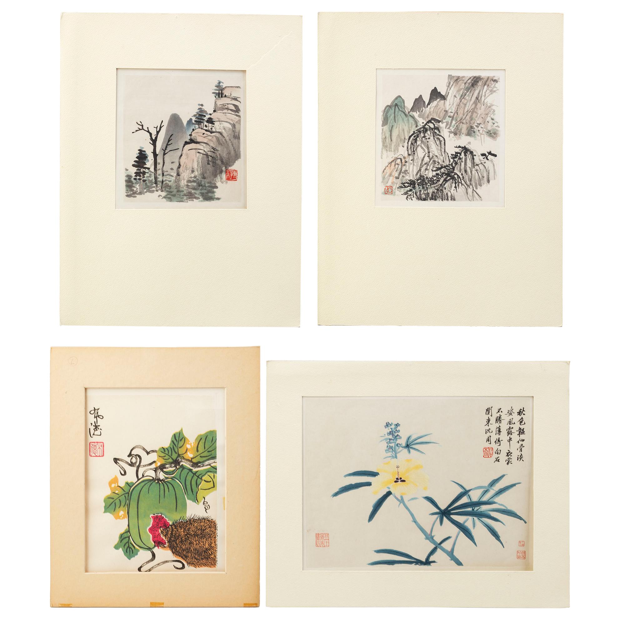Four Chinese paintings and woodblock prints, ink and color on paper, 20th century.
