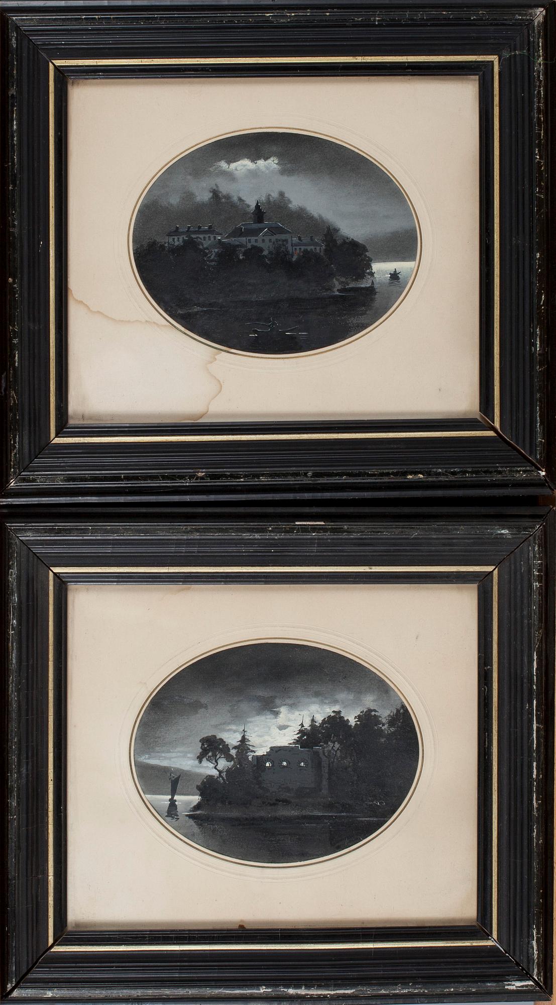 OKÄND KONSTNÄR, gouach på papper 2 st, otydligt signerade AM, 1800-tal.