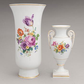 Two Meissen porcelain vases, a platter, an urn and a lidded box from the latter half of 20th century.
