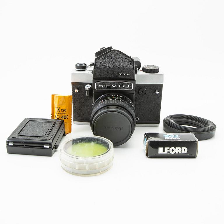 Camera, Kiev 60, and 3 lenses.
