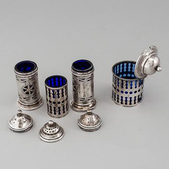 A set of three 20th century silver spice casters and a mustard jar, Denmark / England. Silver weight ca 152 g.