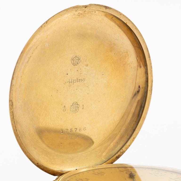 Pocket watch, Alpina, 14K gold, hunter, chain in 18K gold.