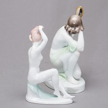 A Herend Porcelain Woman Figurine with Mirror and a Aquincum Budapest porcelain woman. Hungary.