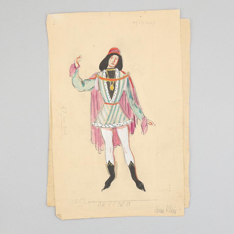 Seven costume sketches by César klein from Shakespears Twelfth Night, signed.