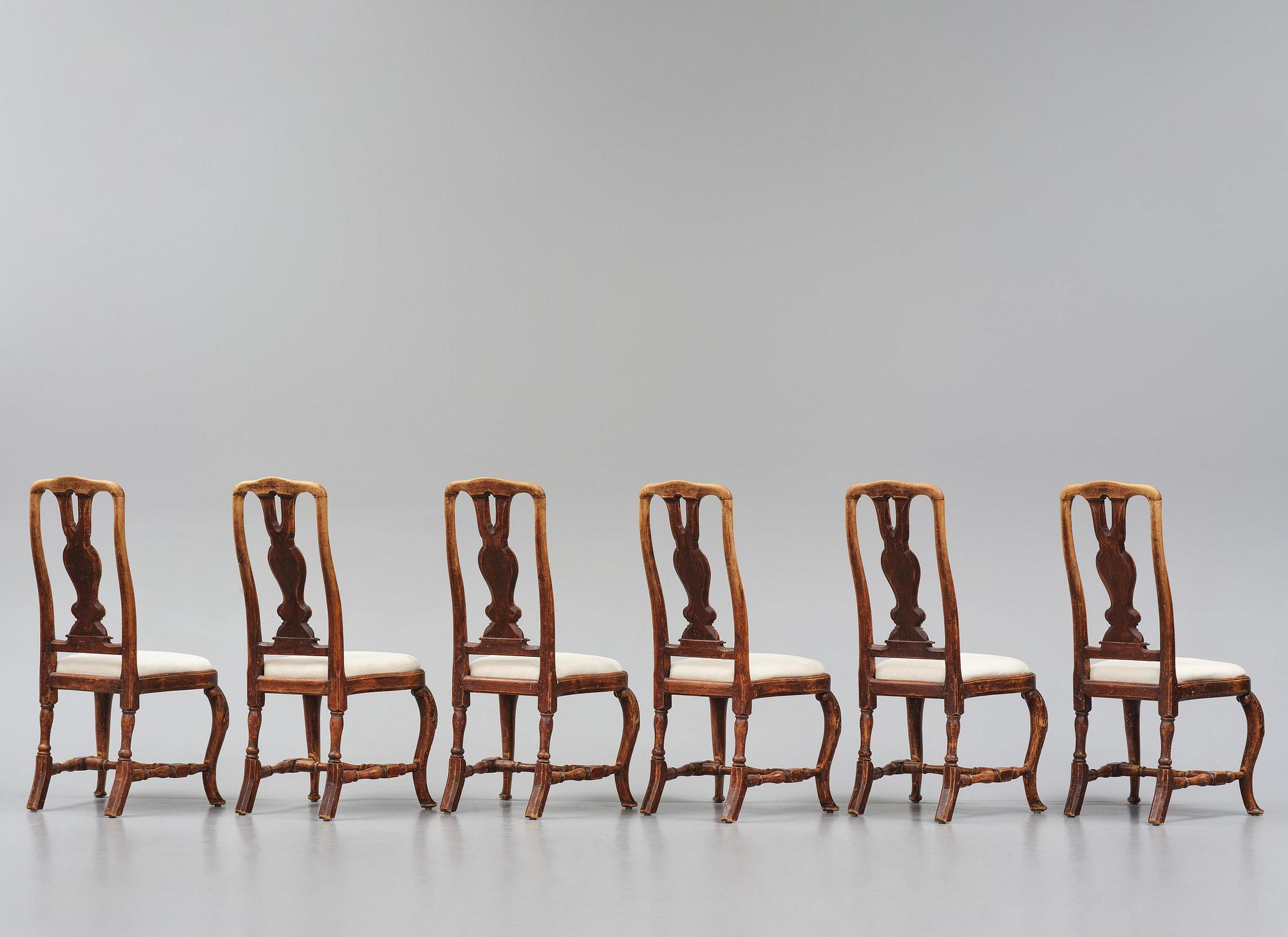 Stolar, sex stycken, Stockholmsarbeten, 1700-talets mitt,  tidig Rokoko.