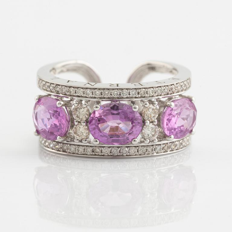 Pink sapphire and brilliant cut diamond ring.