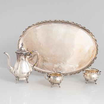 K Anderson, kaffeservis, 3 delar, silver, Stockholm 1936. Nysilverbricka samma modell medföljer.