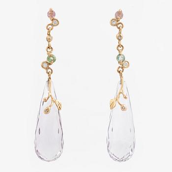 Earrings, Mandelstam, 18K gold set with briolette-cut amethysts, tourmalines, and brilliant-cut diamonds.
