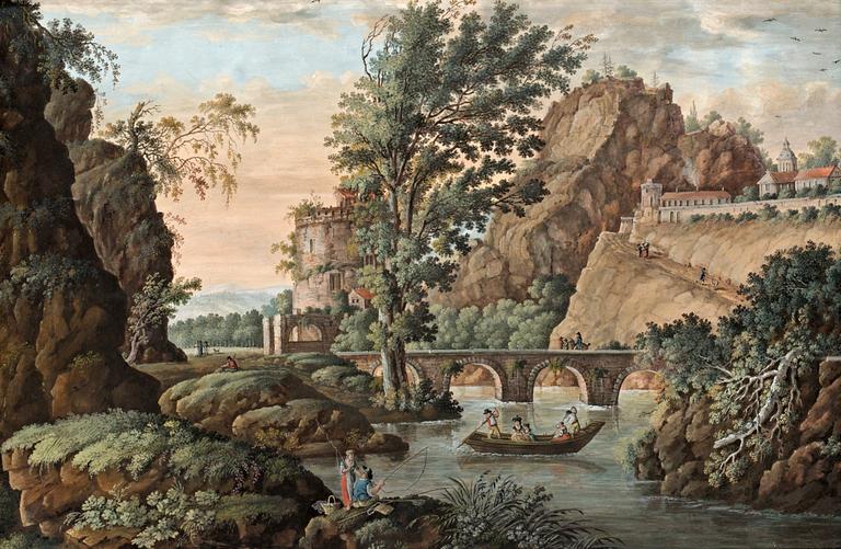 Louis Belanger Tillskriven, Bergs- och flodlandskap med fortifikation, fästningstorn, bro och staffage.