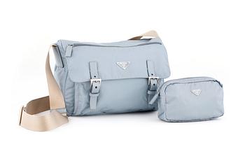 PRADA, a blue nylon crossbody bag.