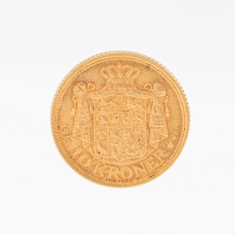 Gold coin 10kr Christian X, Denmark 1913.