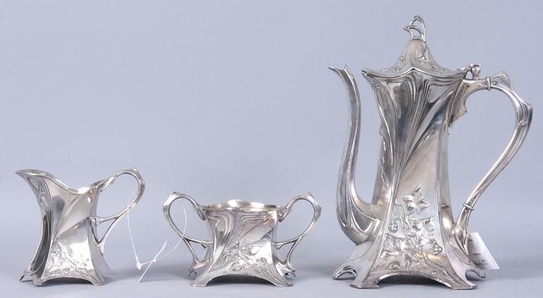 KAFFESERVIS, 3 del, vitmetall, WMF, jugend 1900-talets första hälft.