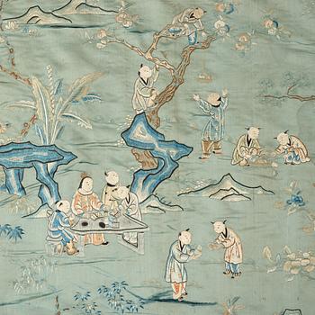 A large embroidered silk panel lined with wool, late Qing dynasty.