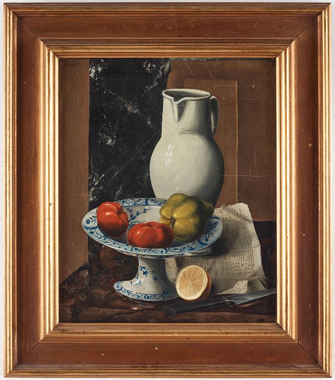 Amadé Barth, "Nature morte with white pitcher and fruits" (Nature morte med vit kanna och frukter).