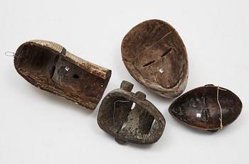 Masker, 4 st, enligt uppgift Dan, Liberia, Ibibio, Nigeria, Varega, Kongo, Songe, Kongo, 1900-talets andra hälft.